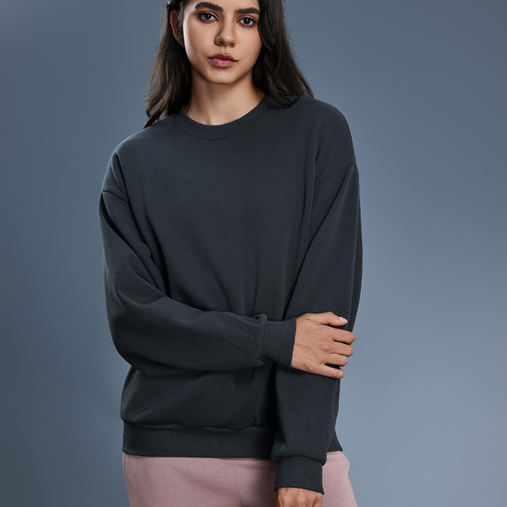 Charcoal gray long sleeve casual pullover hoodie in soft cotton blend with ribbed cuffs