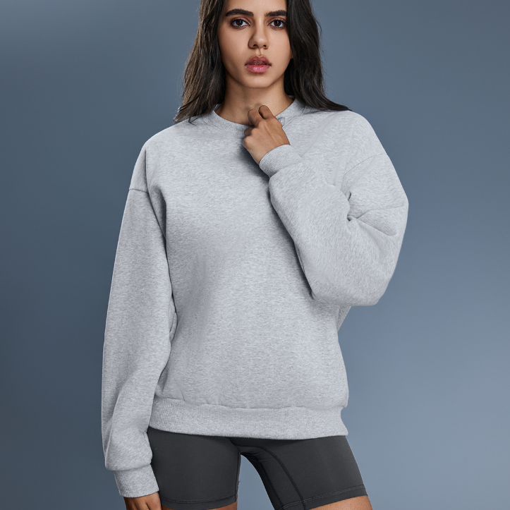 Light gray long sleeve casual pullover hoodie with ribbed cuffs