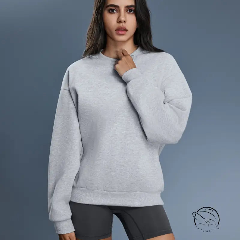 Light gray long sleeve casual warm pullover hoodie in soft cotton blend