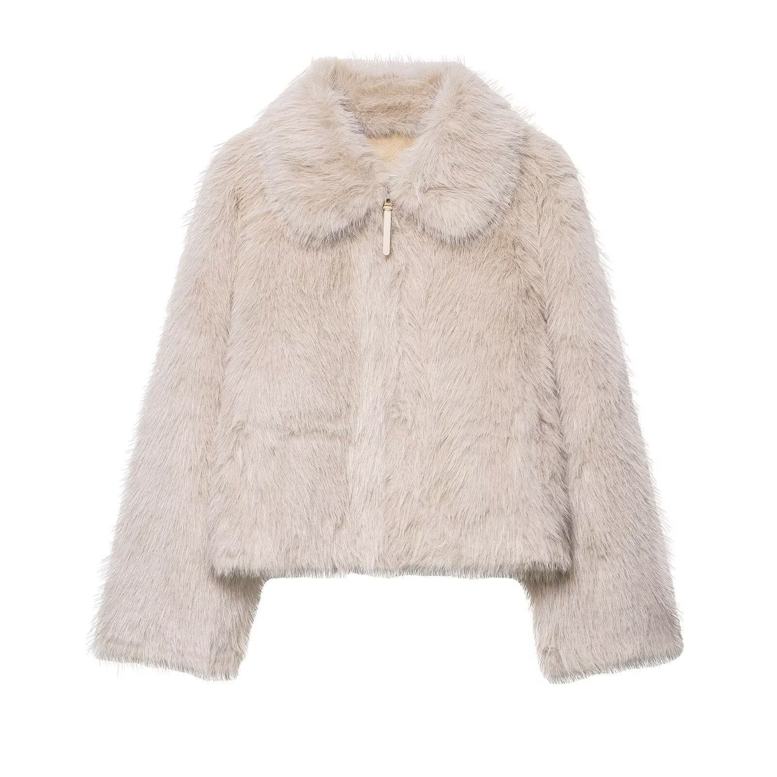 Cream langry fashion faux fur wool jacket with zipper and collar