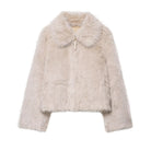 Cream langry fashion faux fur wool jacket with zipper and collar