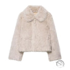 Fashionable cream faux fur wool jacket with zipper and collar