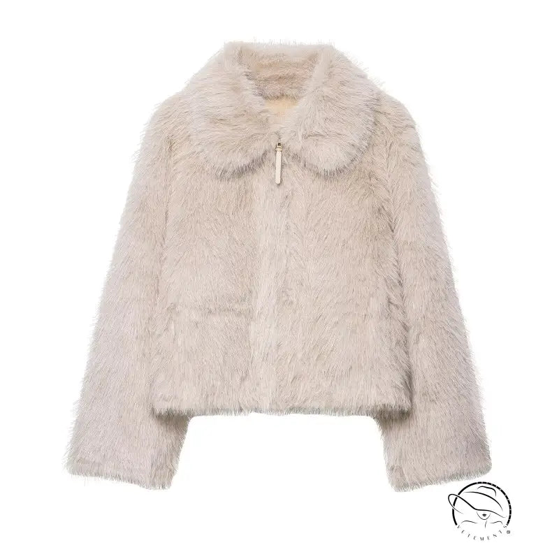Fashionable cream faux fur wool jacket with zipper and collar