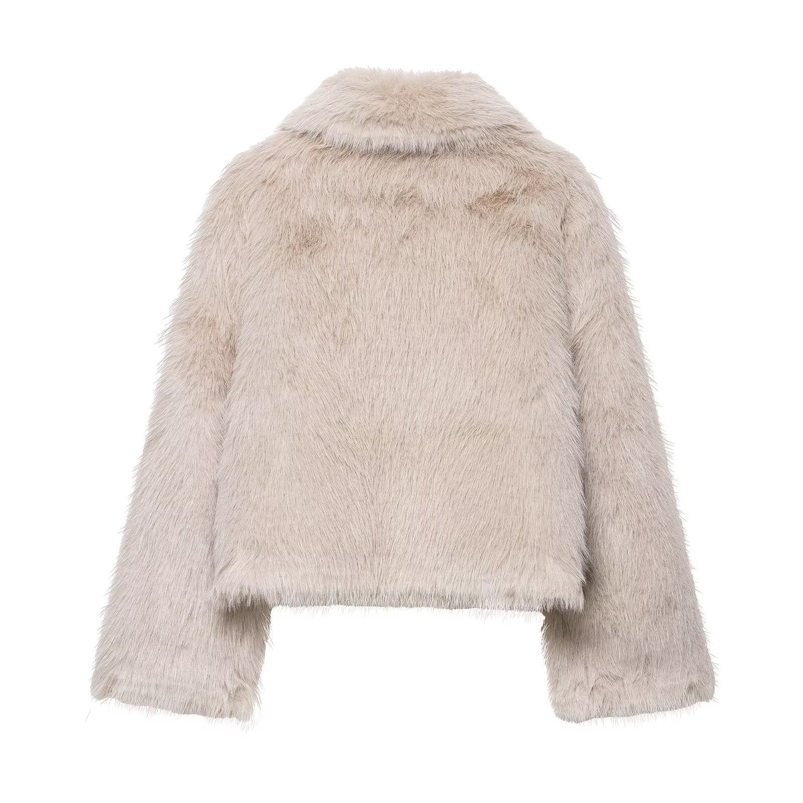 Fashionable beige faux fur cropped jacket with high collar
