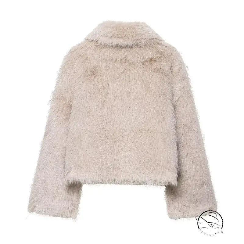 Fashionable warm double sided wool jacket in beige faux fur with high collar