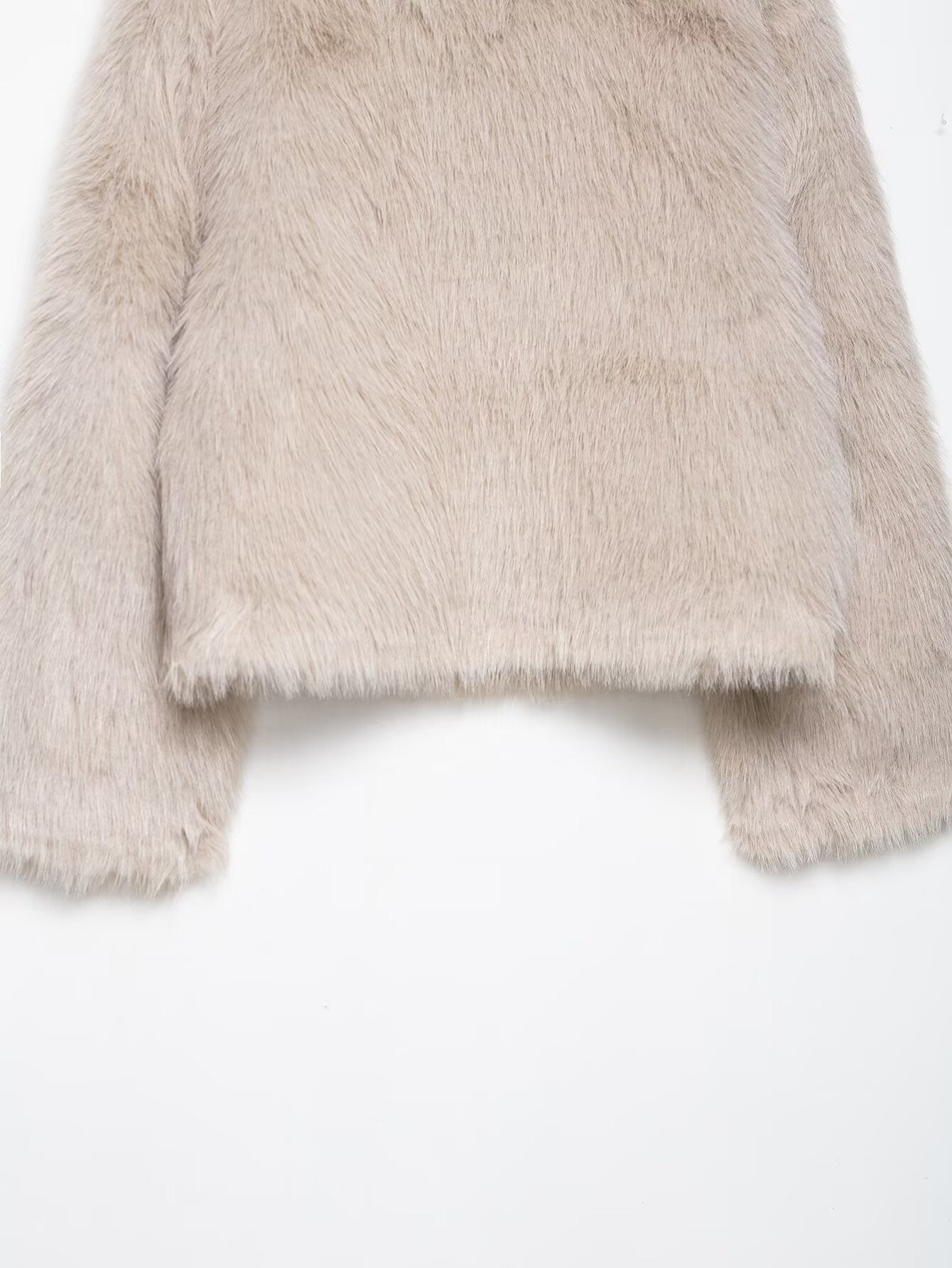 Fashionable langry warm beige faux fur double-sided wool jacket in fluffy textured design