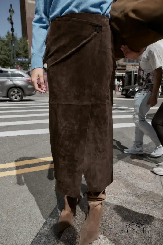 Brown suede fashion sheath skirt with front slit, pockets, and belt loops
