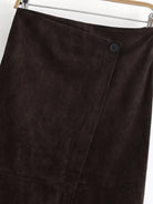 Brown suede langry fashion skirt with front slit and button waistband