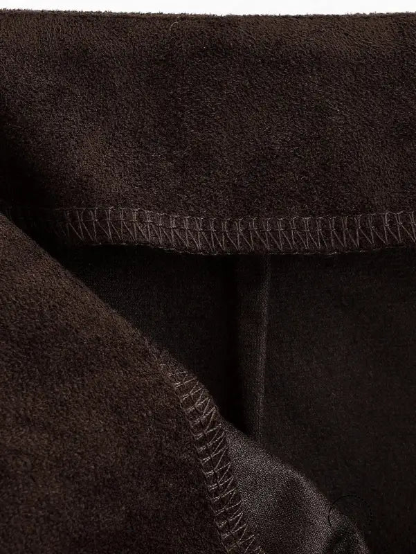 Brown fleece-lined jacket with zipper detail, paired with Langry fashion brown front slit sheath long skirt