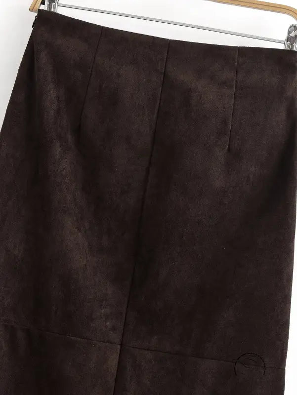 Brown suede pleated waist sheath skirt with front slit design