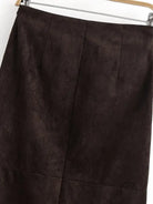 Brown suede pleated waist sheath skirt with front slit design