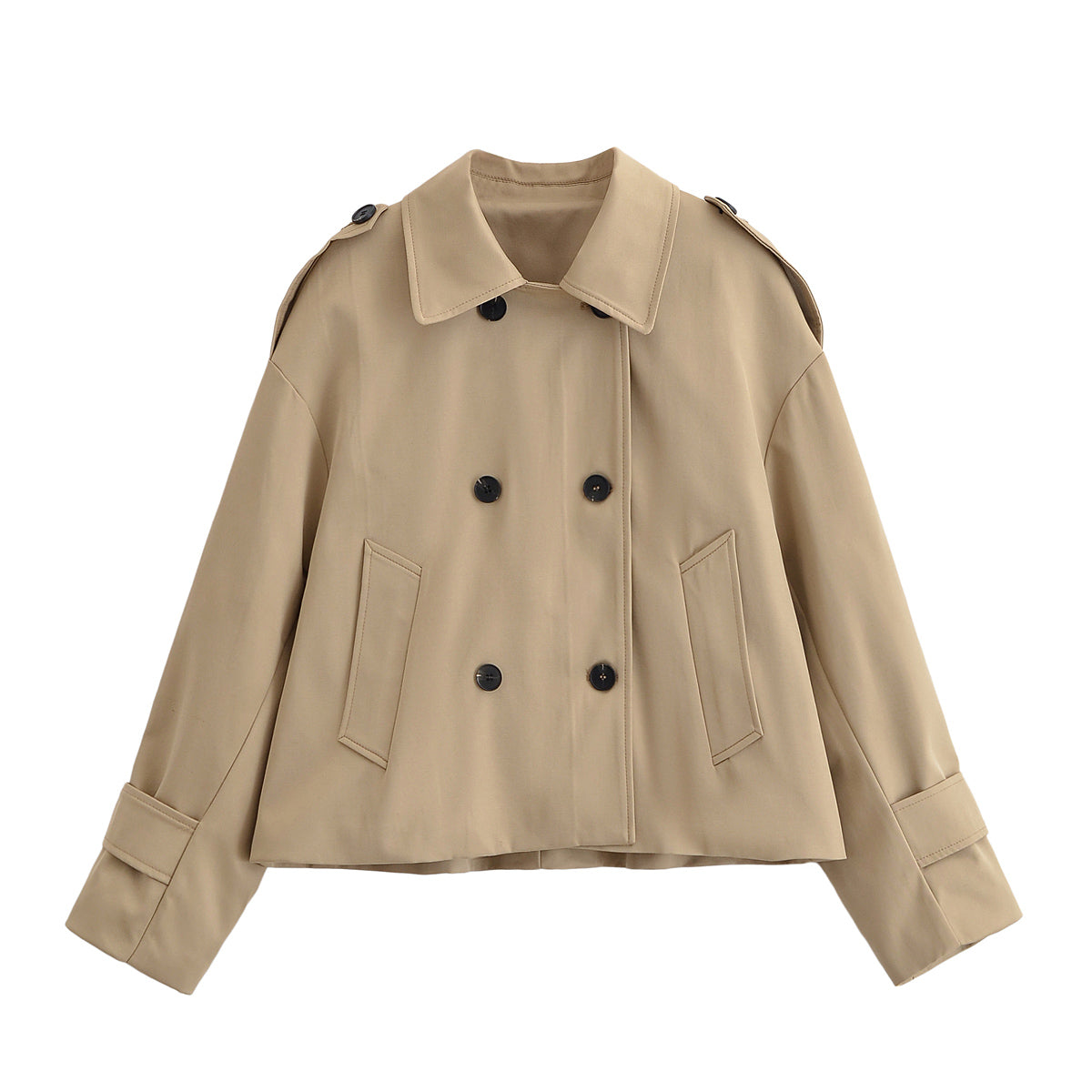 Enchanting Langry short khaki trench coat in beige with double-breasted buttons and rolled-up sleeves