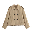 Enchanting Langry short khaki trench coat in beige with double-breasted buttons and rolled-up sleeves