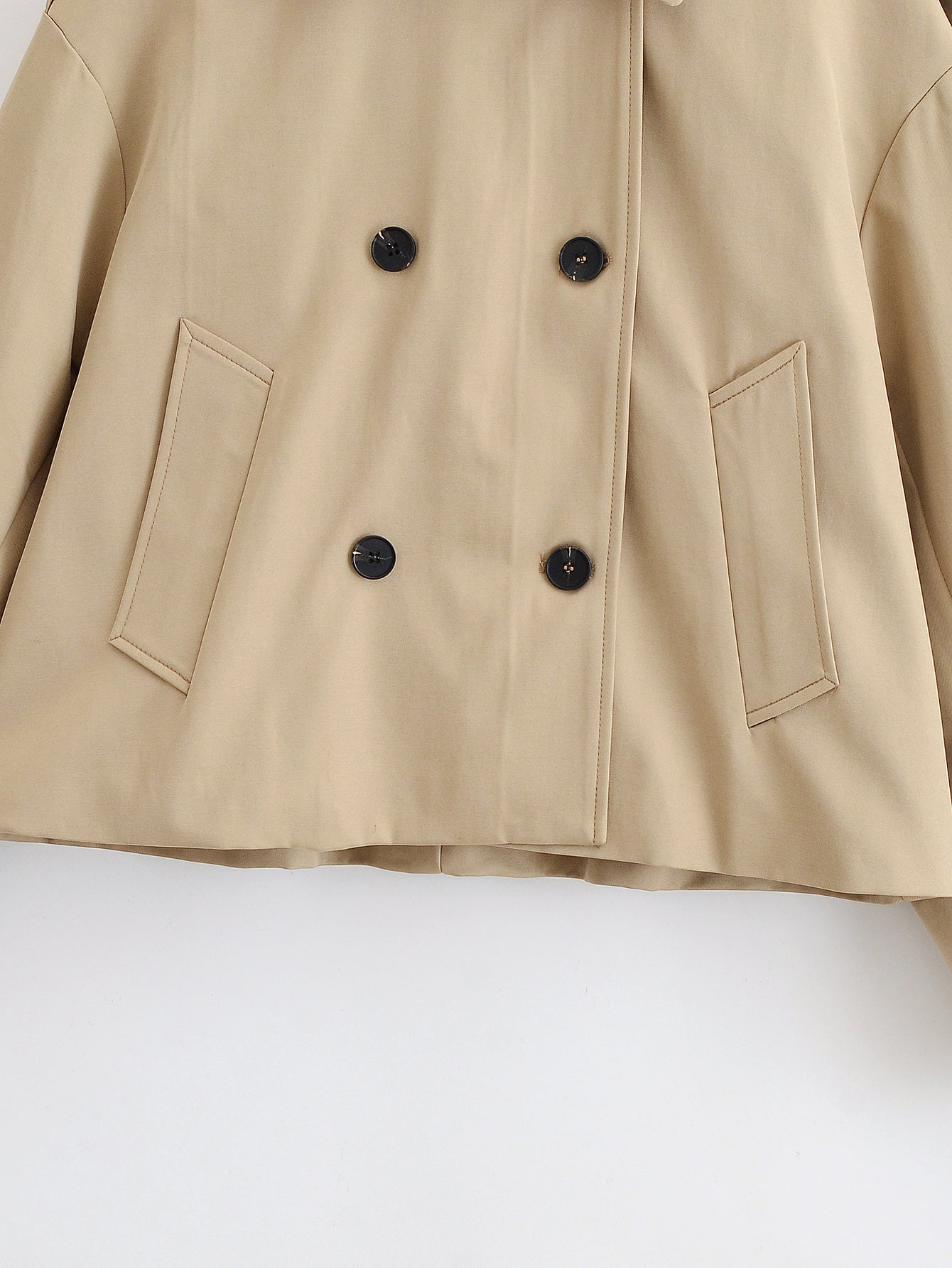 Enchanting Langry short khaki trench coat in beige with double-breasted buttons and patch pockets