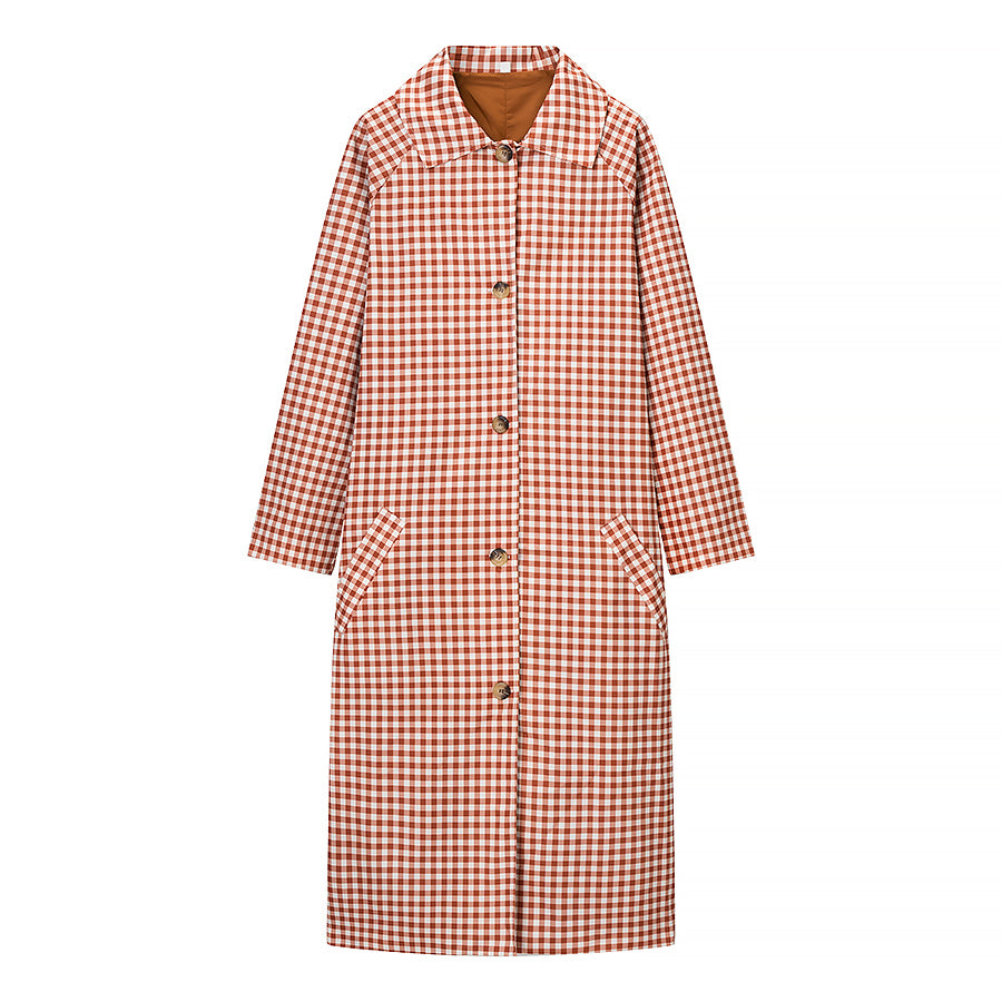 Casual plaid trench coat in red beige wool with buttons and pockets, Langry fashion ملابس