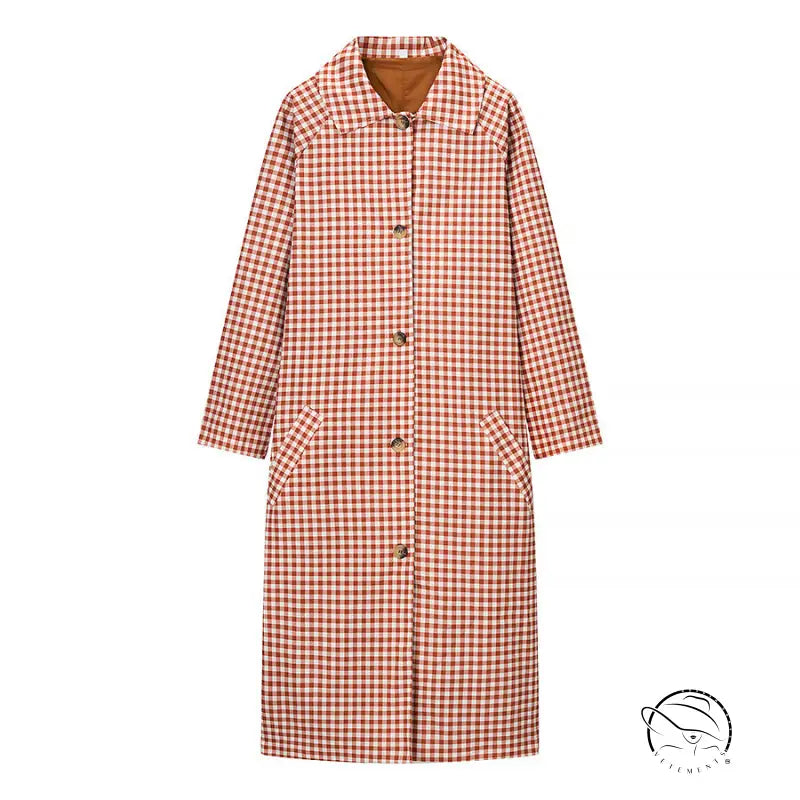 Casual plaid trench coat in red beige wool with buttons pockets langry fashion ملابس
