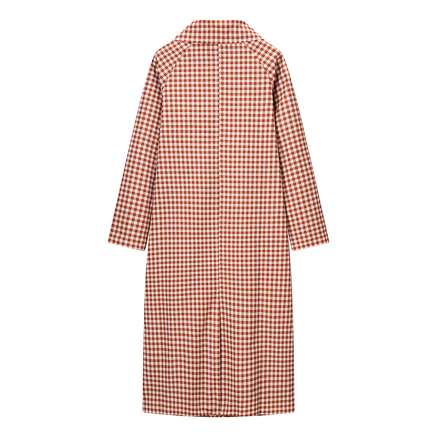 Red and white gingham check casual plaid trench coat with long sleeves and button-down collar