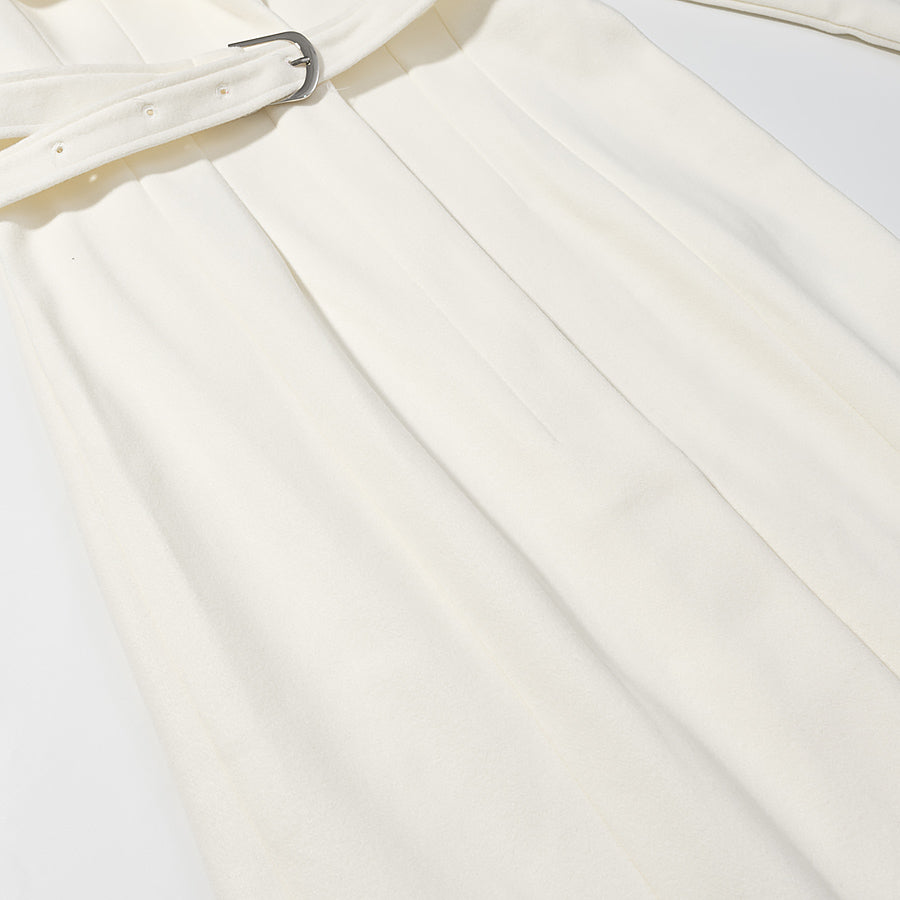 Langry fashion cream pleated skirt with white belt and silver buckle