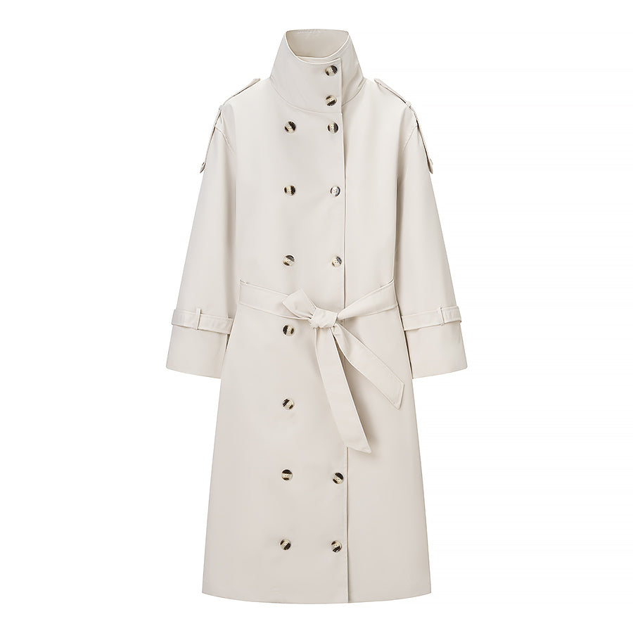 Langry beige trench coat with double-breasted buttons and belt detail