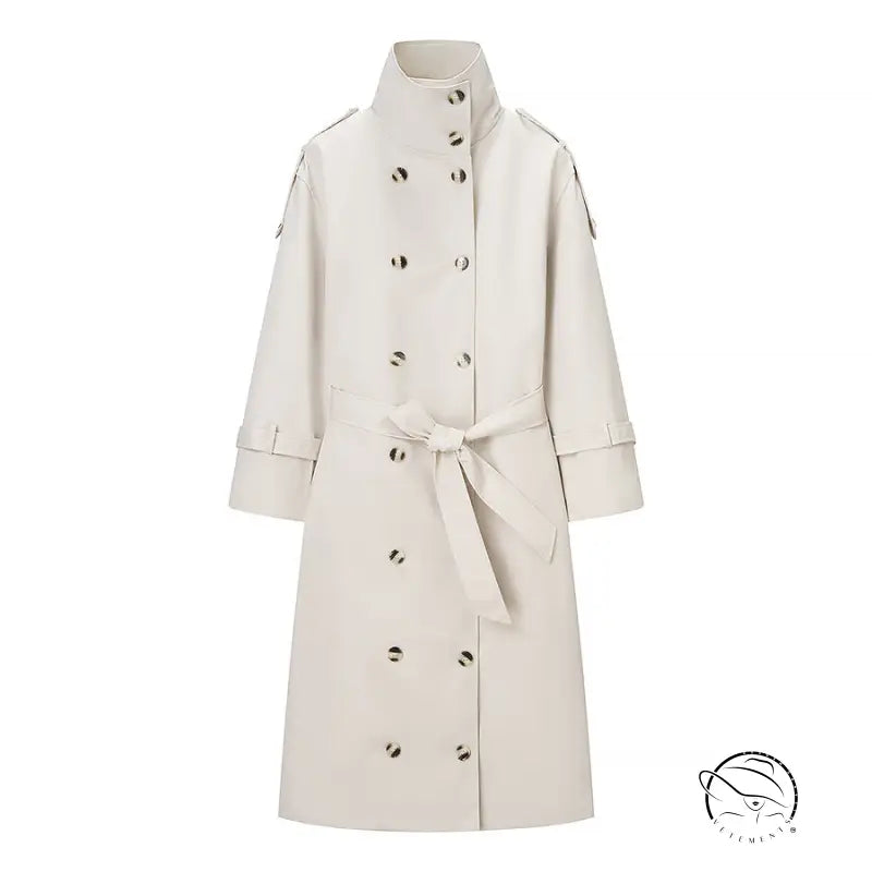 Beige double-breasted windbreaker winter trench coat with belt detail