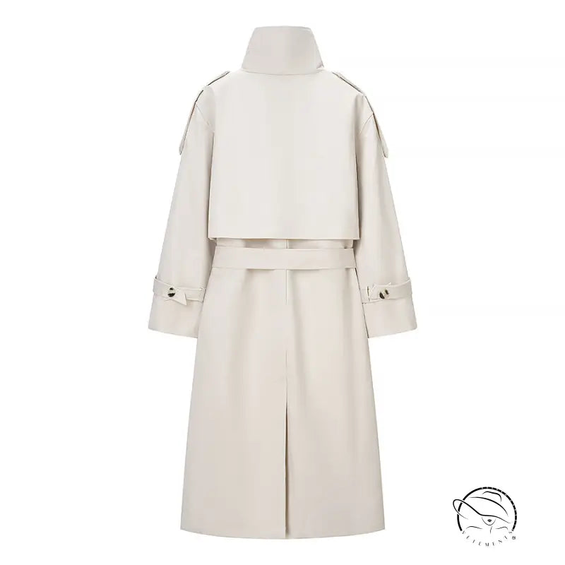 Cream-colored windbreaker winter jacket with black accents and belt