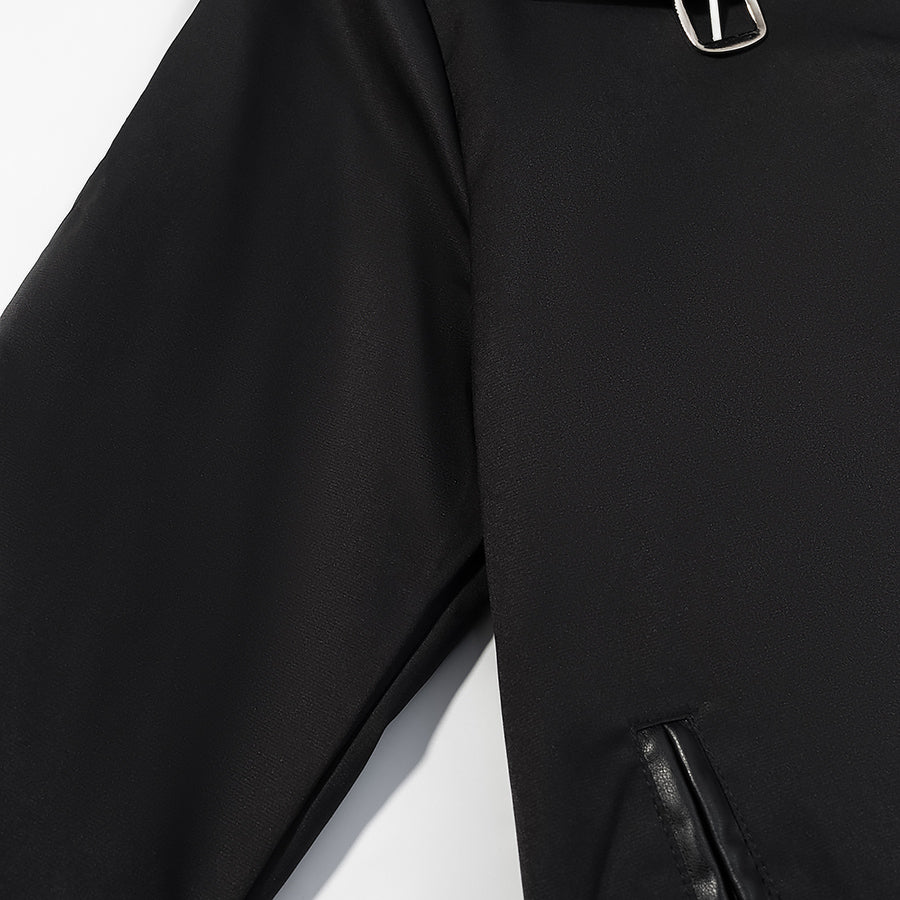 Fashionable black leather trench coat with silver zipper details