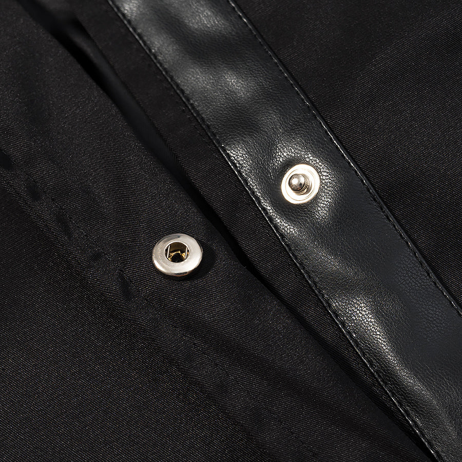 Fashionable black leather langry trench coat with silver snaps and textured lining