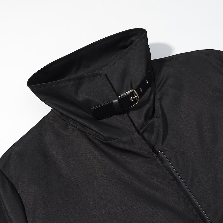 Fashionable black langry trench coat with high collar, zipper, and belt loops