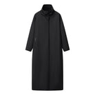 Fashionable black langry long trench coat with high collar and buttons