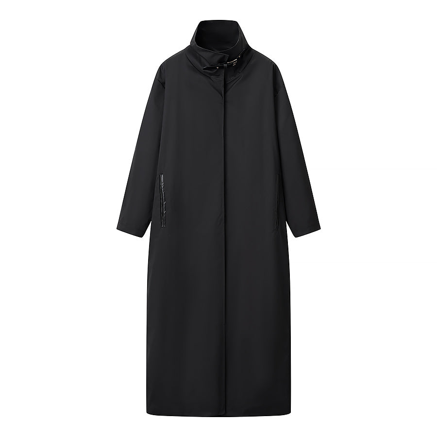 Fashionable black langry long trench coat with high collar and buttons