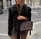 Fall unique fur collar suede jacket in brown shearling with button closure