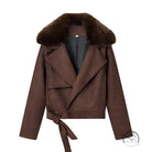 Fall unique fur collar suede jacket in brown faux leather with tie waistband, Balenciaga-inspired fashion