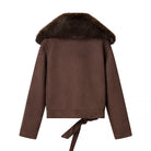Langry fashion brown suede jacket with fur-trimmed collar and tie waist