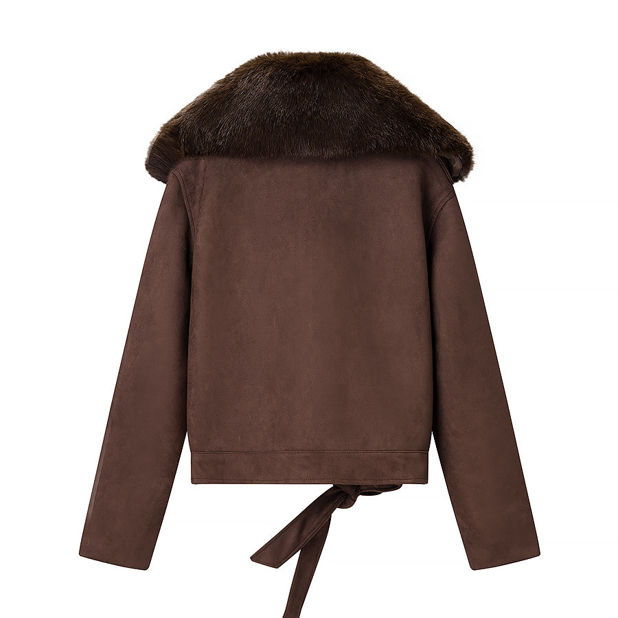 Langry fashion brown suede jacket with fur-trimmed collar and tie waist