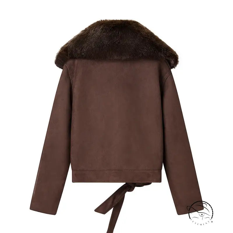Fall unique fur collar suede jacket in langry fashion with brown fur trim