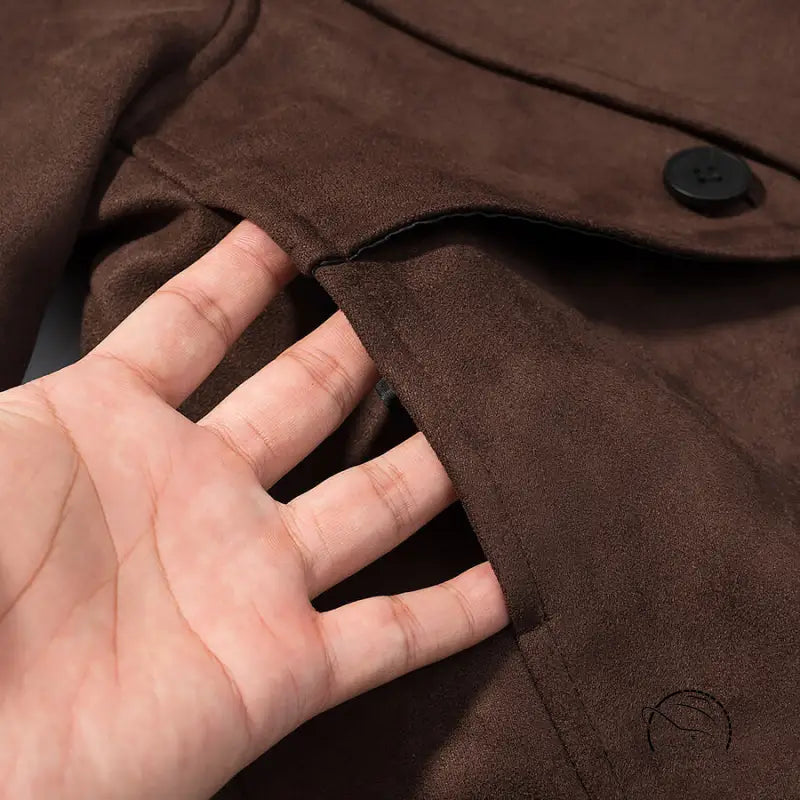 Fall unique fur collar suede jacket in brown with black buttons and flap pockets