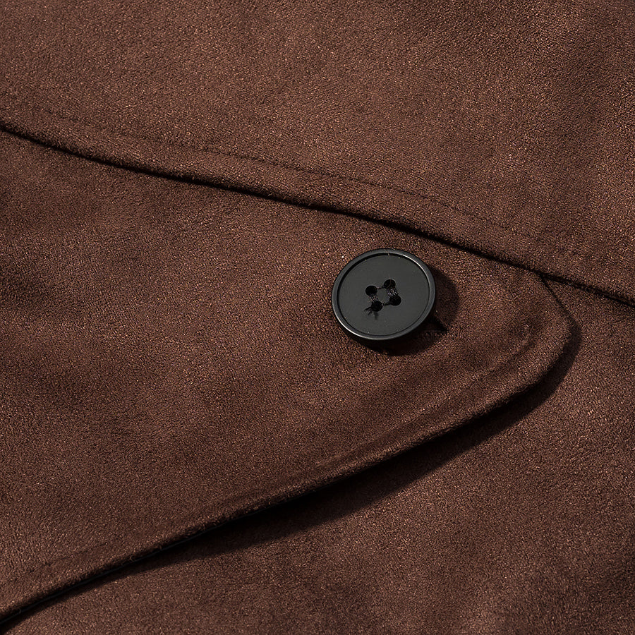 Fall unique fur collar suede jacket in brown with black buttons and stitching details