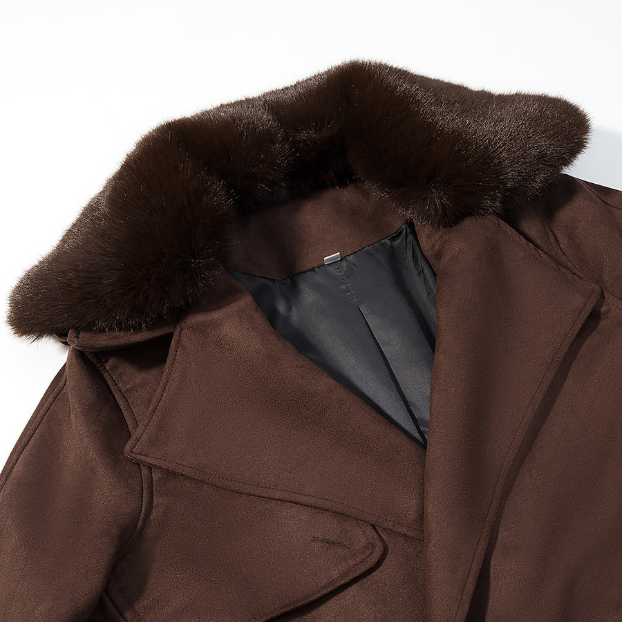 Langry fashion brown fur-trimmed suede peacoat with glossy lining