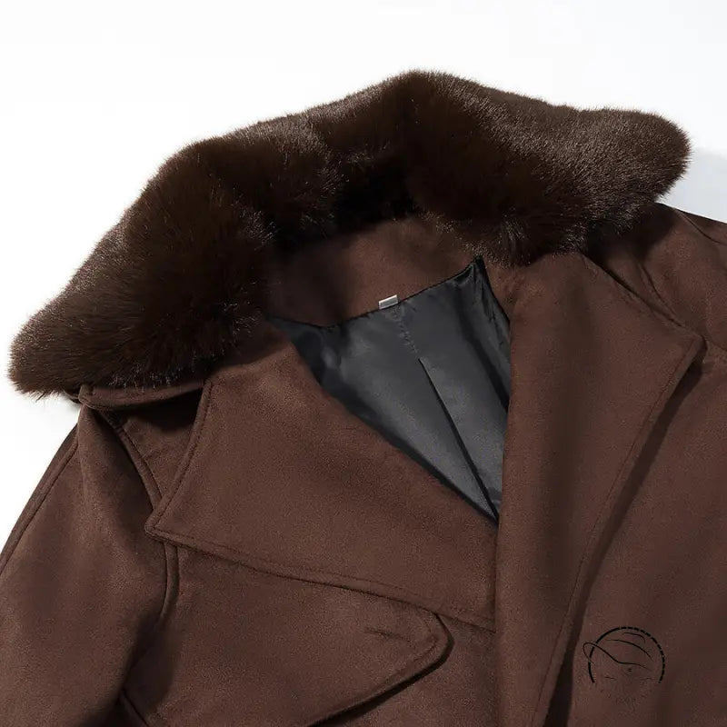 Fall unique fur collar suede jacket with brown fur trim and glossy lining