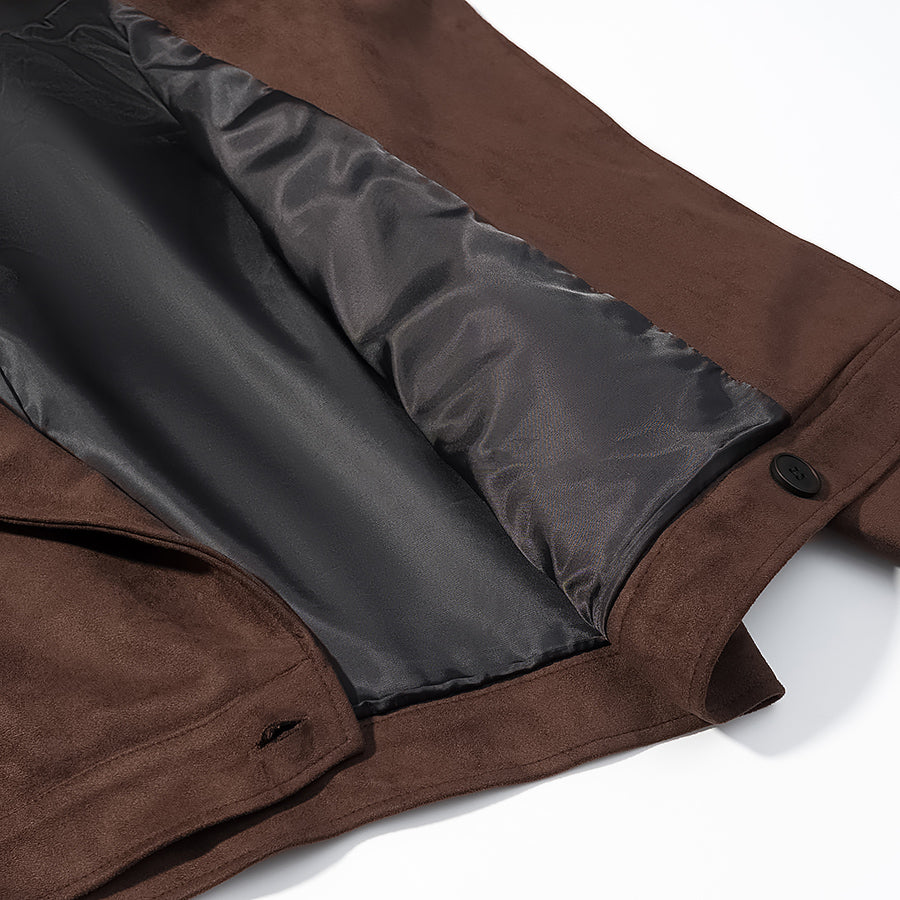 Fall Unique Fur Collar Suede Jacket in brown suede with black lining and buttons