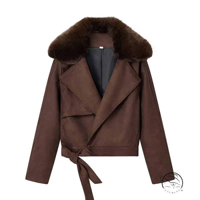 Fall unique fur collar suede jacket in brown faux leather with tie waistband, Langry fashion inspired by Balenciaga 2019 collection