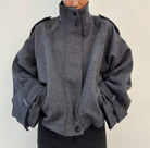 Charcoal gray langry wool bomber jacket with exaggerated sleeves