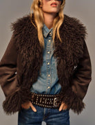 Elegant faux shearling autumn coat with fur trim and studded belt