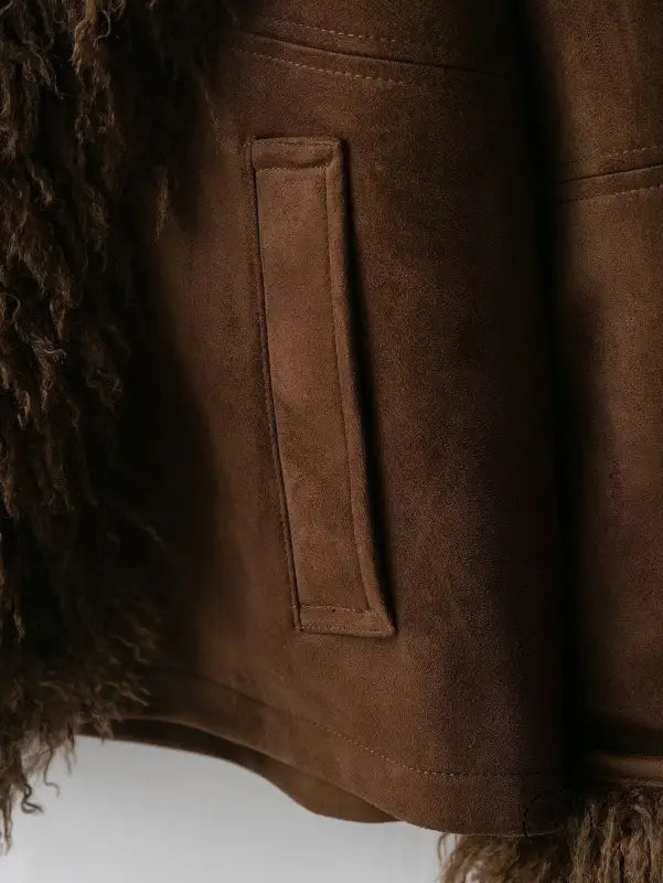 Elegant autumn fur effect coat in brown faux shearling with pocket detail