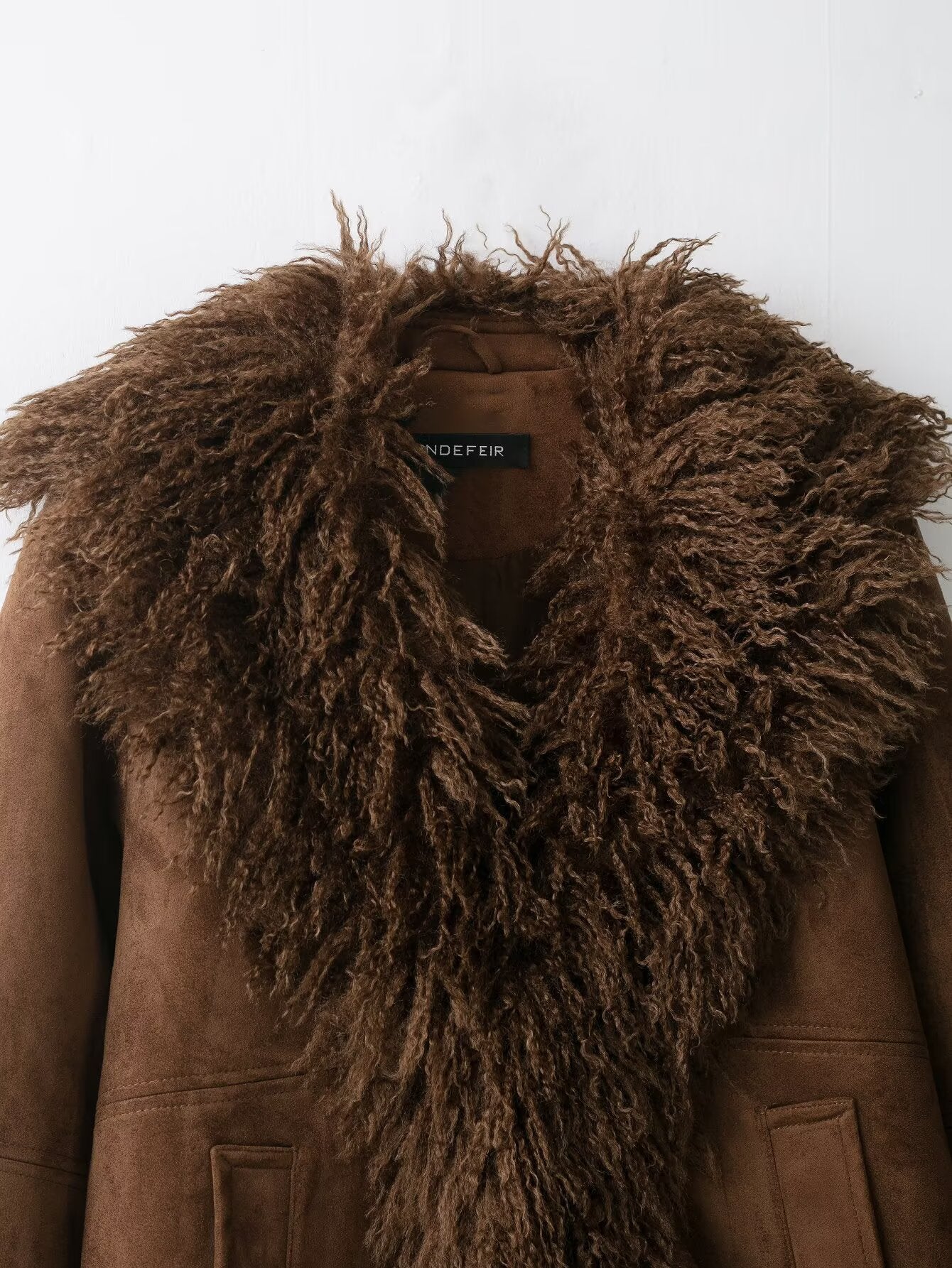 Elegant Autumn faux shearling coat with fur collar and pockets by Langry fashion