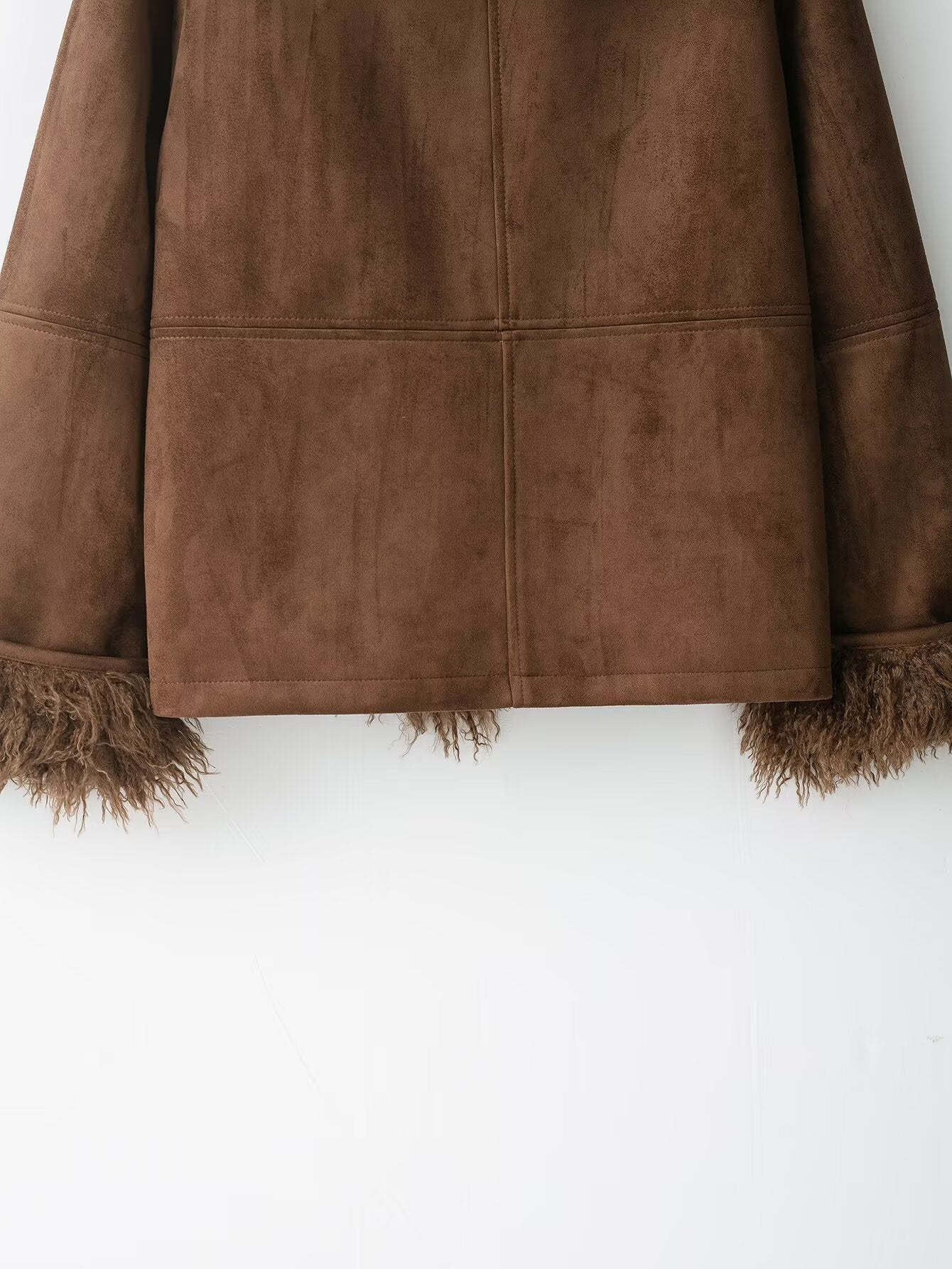 Elegant brown suede jacket with faux shearling trim by Langry fashion