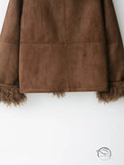 Elegant autumn fur effect brown suede jacket with faux shearling trim
