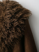 Elegant Autumn Fur Effect Coat in faux shearling with brown textured plush fringed blanket