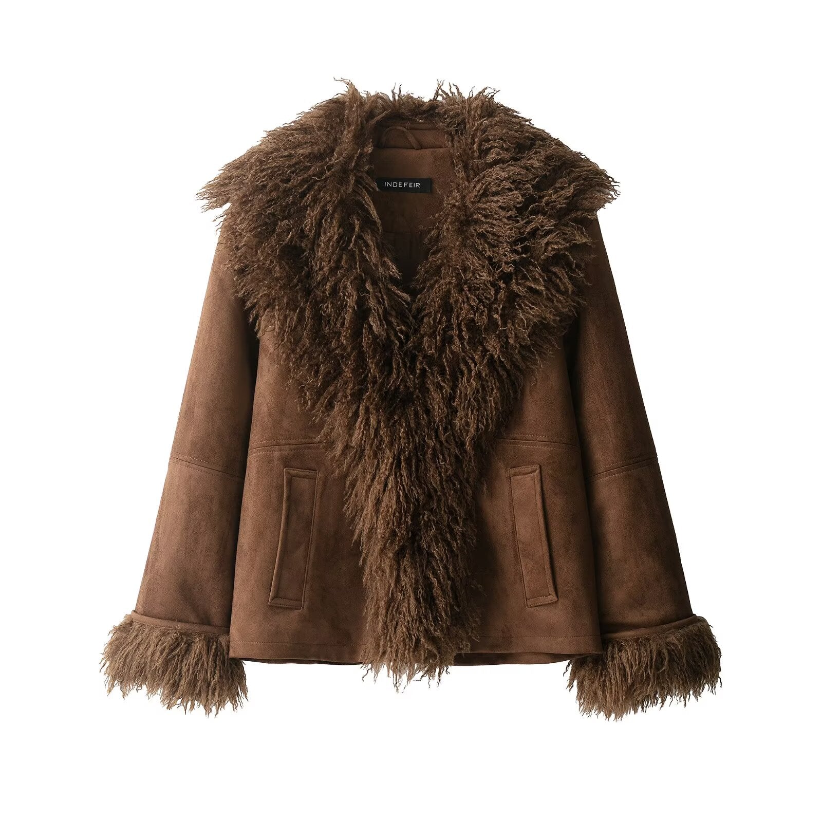 Elegant Autumn faux shearling coat with brown sheepskin jacket fashion