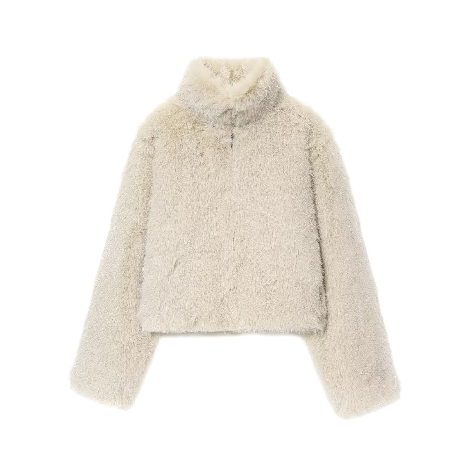 Cream faux fur cropped jacket with high collar and long sleeves